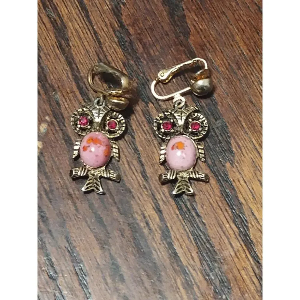 1960-70'S ART GLASS JELLY BELLY‎ OWL earrings UNIQUE GEM